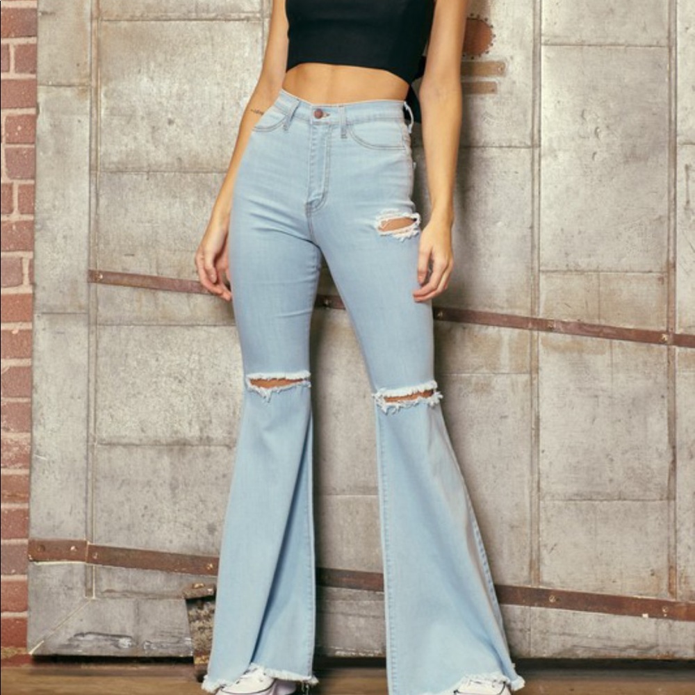 Distress Flare Bell Bottom Light Wash Denim Jeans - Picture 7 of 11
